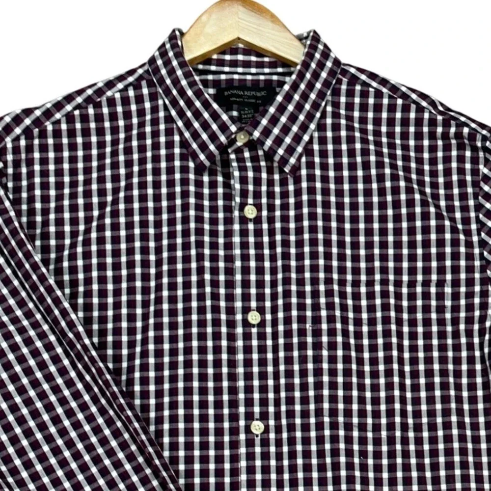 Banana Republic Button‎ Down Shirt Mens Large Burgundy Gingham Check Long Sleeve
